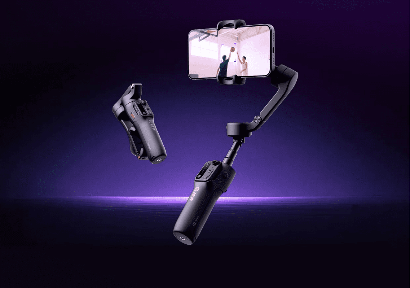 Shootz Q1 gimbal shown folded and fully extended with a phone mounted